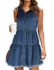 Front view of model wearing dark blue button down collar sleeveless tiered denim dress