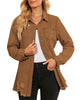 Front view of model wearing brown frayed hem distressed button-down denim jacket