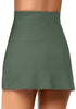 Back view of model in army green tulip hem high waist ruched swim skirt