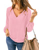 Candy Pink Womens Business Causal Tops for Women Ladies Work Blouses Dressy Long Sleeve Pleated V Neck