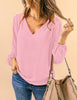 Candy Pink Womens Business Causal Tops for Women Ladies Work Blouses Dressy Long Sleeve Pleated V Neck