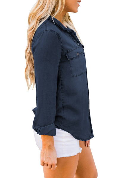 Women's Long Sleeve Collared Shirt Button Down Denim Blouse Tops
