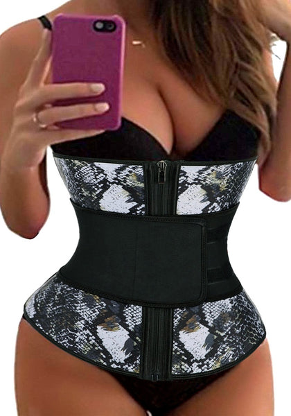 Model poses wearing black snakeskin women’s corset waist trainer