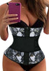Model poses wearing black snakeskin women’s corset waist trainer