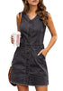 LookbookStore Women Sleeveless V Neck Button Down Frayed Hem Short Denim Dress