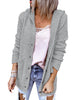 Front view of  model wearing light grey button down melange waffle knit hooded cardigan