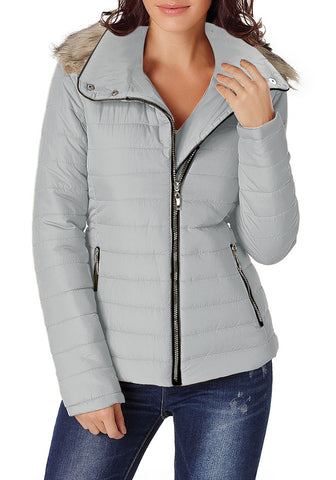 Gray Faux Fur Hooded Zip Up Quilted Jacket
