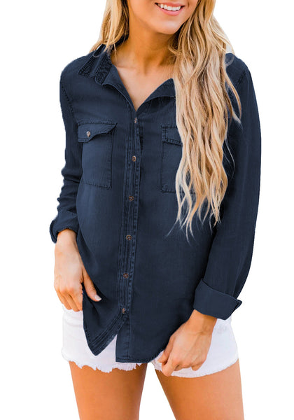 Women's Long Sleeve Collared Shirt Button Down Denim Blouse Tops