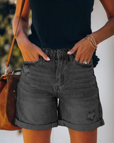 Grey High Waist Roll-Over Distressed Jean Shorts