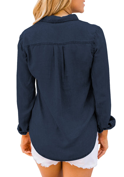 Women's Long Sleeve Collared Shirt Button Down Denim Blouse Tops