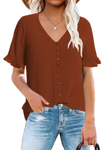 Chocolate Brown Ruffle Trim Short Sleeves V-Neck Button-Down Top