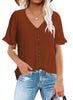 Model wearing chocolate brown ruffle trim short sleeves V-neck button-down top