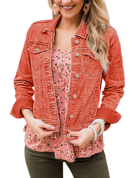 Orangeade Women's Basic Long Sleeves Button Down Fitted Denim Jean Jackets