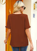 Back view of model wearing chocolate brown ruffle trim short sleeves V-neck button-down top