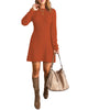 Brown Women Casual A-line Knit Long Sleeve Pullover Sweater Short Dress.