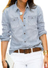 Women's Long Sleeve Collared Shirt Button Down Denim Blouse Tops