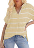 Front view of model wearing beige split V-neckline batwing sleeves striped loose top