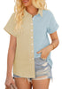 Front view of model wearing beige short sleeves colorblock button-up top