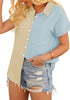 Angled shot of model wearing beige short sleeves colorblock button-up top