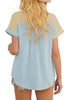 Back view of model wearing beige short sleeves colorblock button-up top