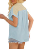 Side view of model wearing beige short sleeves colorblock button-up top