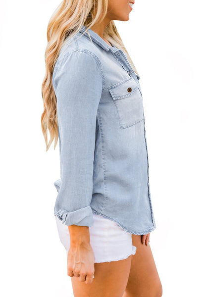 Women's Long Sleeve Collared Shirt Button Down Denim Blouse Tops
