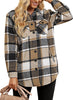 Model wearing brown plaid long sleeves button down jacket