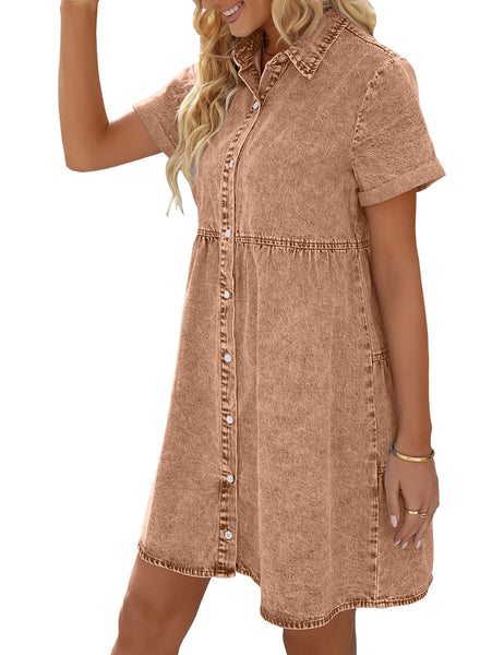 Women's Short Sleeve Button Down Flowy Tiered Babydoll Denim Dress