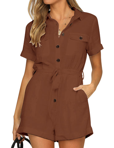 Brown Short Sleeves Button-Down Belted Romper