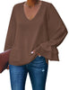 Front view of model wearing coffee ruffle cuff long sleeves V-neck blouse