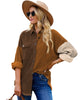 Front view of model wearing coffee drop shoulders contrast corduroy button-down jacket
