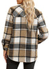 Back view of model wearing brown plaid long sleeves button down jacket