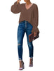 Full front view of model wearing coffee ruffle cuff long sleeves V-neck blouse