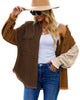 Front view of model wearing coffee drop shoulders contrast corduroy button-down jacket