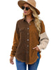 Front view of model wearing coffee drop shoulders contrast corduroy button-down jacket