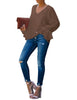 Full front view of model wearing coffee ruffle cuff long sleeves V-neck blouse