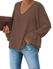 Front view of model wearing coffee ruffle cuff long sleeves V-neck blouse