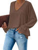 Front view of model wearing coffee ruffle cuff long sleeves V-neck blouse