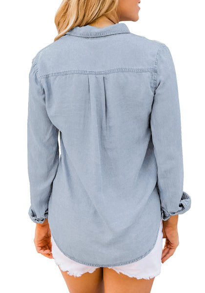 Women's Long Sleeve Collared Shirt Button Down Denim Blouse Tops