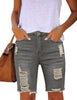 Front view of light grey frayed hem ripped denim bermuda shorts