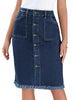 Model wearing deep blue frayed hem button-down midi denim skirt