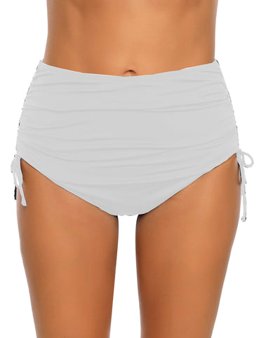 White Side-Drawstring High-Waist Ruched Bikini Bottom