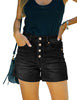 Front view of model wearing black raw hem mid-waist distressed denim shorts