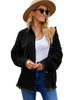 Front view of model wearing black drop shoulders contrast corduroy button-down jacket