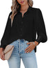 Front view of model wearing black lantern sleeves button-down pleated chiffon top