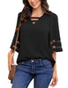 Black Women's Casual V Neck Mesh Panel Blouse Tops 3/4 Bell Sleeve Shirt