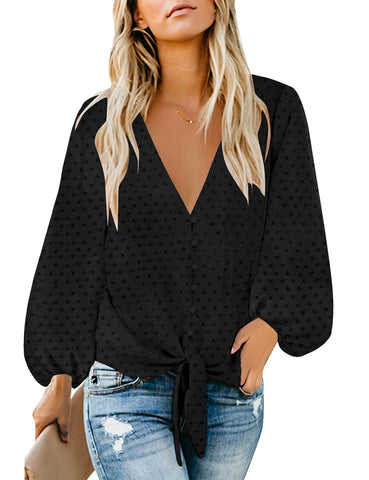 Black Long Sleeve Button Down Tie Knot Front Pom Pom Blouse