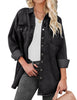 Model wearing black button-up oversized women's denim shacket