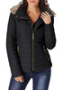 Model poses wearing black faux fur hooded zip up quilted jacket
