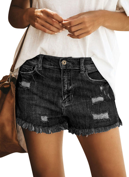 Women Summer High Waisted Sewn Cuffed Hem Buttons Denim Jean Shorts
